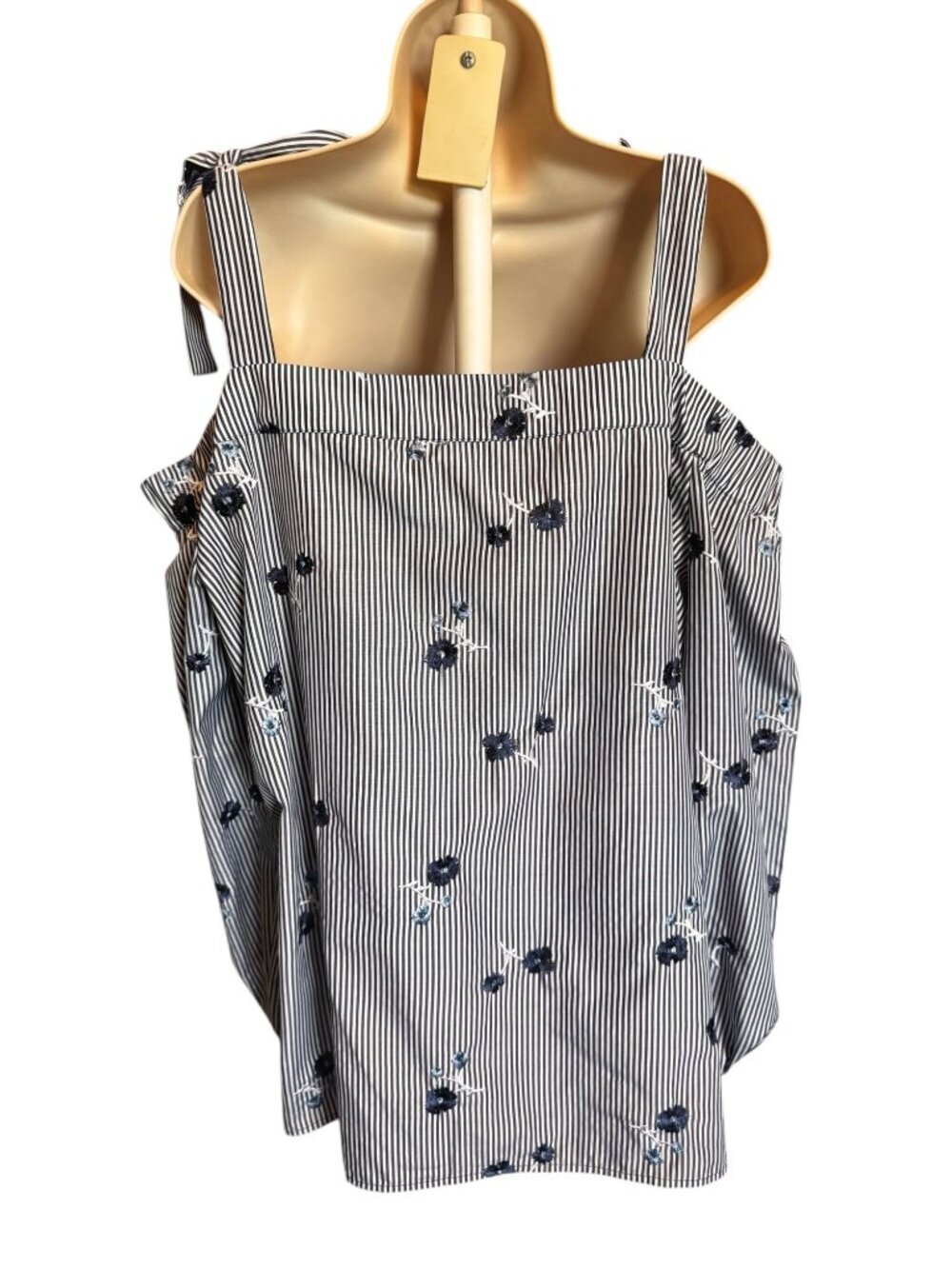 Michael Kors XL Off The Shoulder Blouse Striped Floral Embroidered Tie Strap - Picture 4 of 9